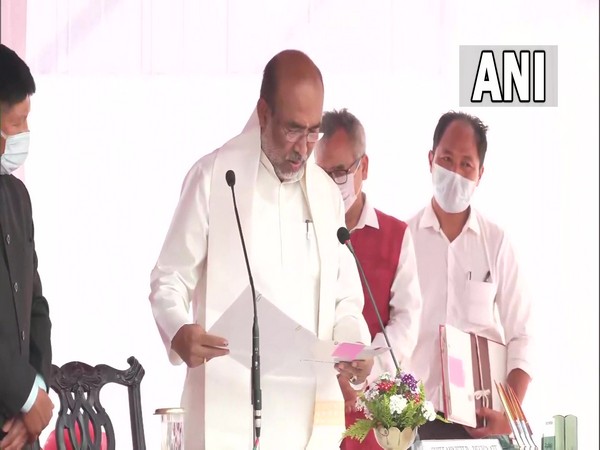 N Biren Singh taking oath as the Chief Minister of Manipur (Photo/ANI)
