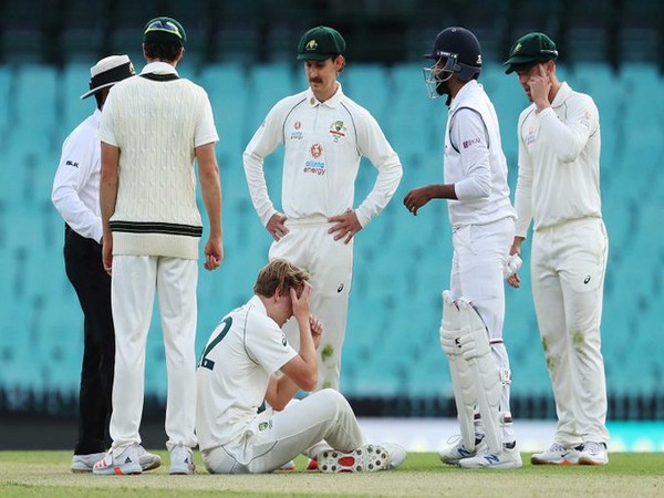 Australia A all-rounder Cameron Green sits on the ground after being hit by Bumrah's drive (Photo/ cricket.com.au Twitter)