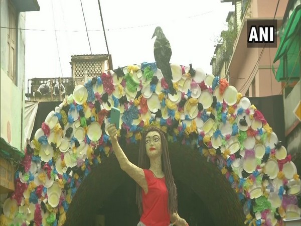 A view of Durga Puja pandal, which has been made by using polythene bags, plastic bottles, mosquito coils and crackers in Kolkata. Photo/ANI