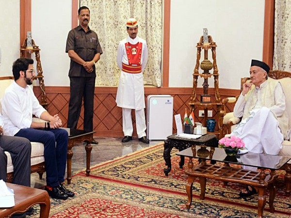 Shiv Sena leader Aaditya Thackeray along with party leaders meeting Governor Bhagat Singh Koshiyari, at Raj Bhavan in Mumbai on Monday. (ANI Photo)