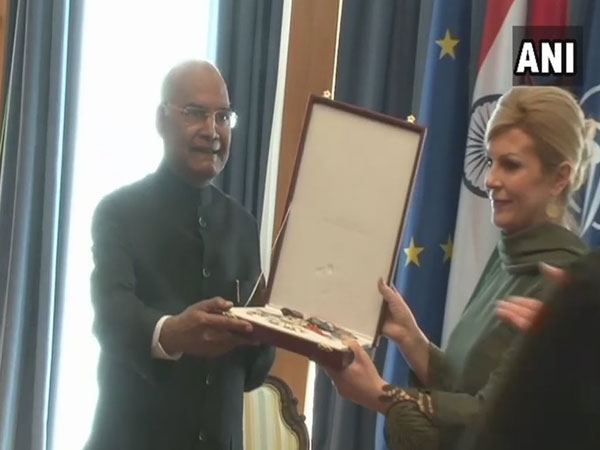 President Ram Nath Kovind receiving the award from his Croatian counterpart Kolinda Grabar-Kitarović on Tuesday in Zagreb, Croatia