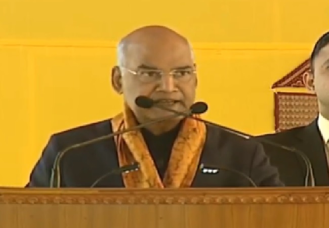 President Ram Nath Kovind speaking at the annual convocation of Visva-Bharati University in Santiniketan in West Bengal on Monday. (Twitter image)