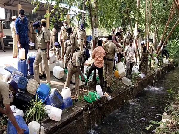 Country liquor destroyed in Krishna District on Monday. (Photo/ ANI)