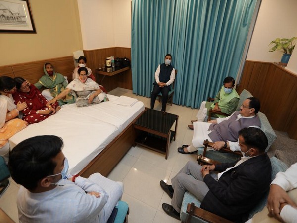 BJP President JP Nadda on Wednesday met the family members of BJP MP Ram Swaroop Sharma who was found hanging at his residence in Delhi today.