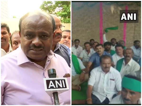 Chief Minister HD Kumaraswamy speaking to ANI (left) and farmers protest in Mandya, Karnataka on Monday. 