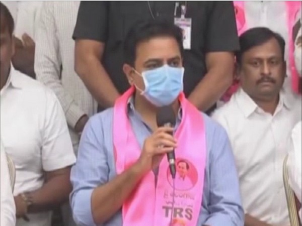 Telangana Minister KT Rama Rao talking to media on Sunday. (Photo/ANI)