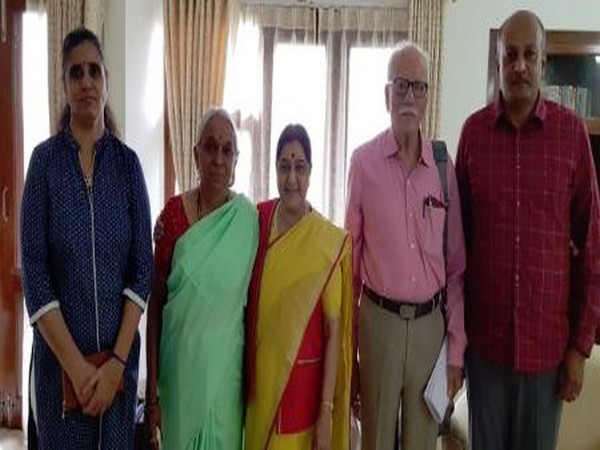 Ex-Union Minister Sushma Swaraj meets Kulbhushan Jadhav's family on Thursday. (Photo/ANI)