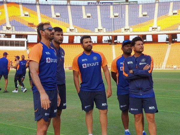 Team India during the practice session at Motera Stadium (Image: Kuldeep Yadav's Twitter)