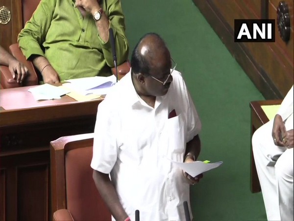 Karnataka Chief Minister HD Kumaraswamy speaking at Vidhan Soudha on Friday. (ANI)