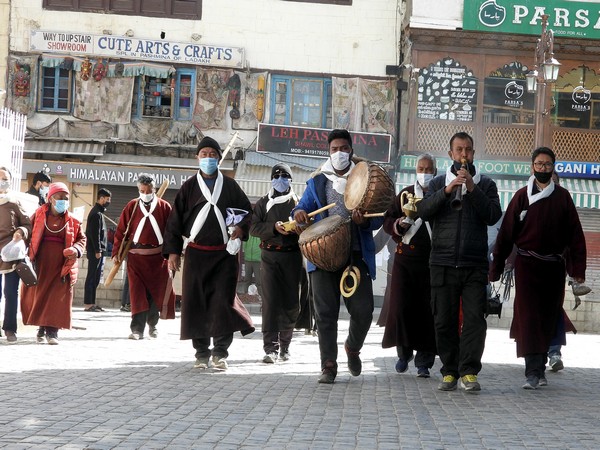 Ladakh Dzo Buddhists beat the drum as they celebrate the Sakka festival in Leh on March 19, 2021. (Photo/ANI)