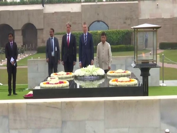 Latvian Foreign Minister Edgars Rinkevics pays floral tributes to Mahatma Gandhi on Monday
