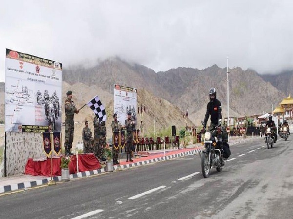 Army flags of motorcycle expedition to commemorate Kargil Vijay Diwas in Leh, Jammu and Kashmir on Friday.
