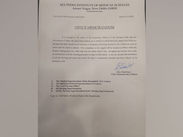 AIIMS Delhi administration on Tuesday issued a letter to the protesting nursing staff. (Photo/ANI)