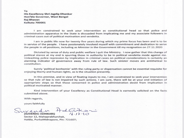 Suvendu Adhikari's letter to West Bengal Governor Jagdeep Dhankhar on Wednesday. (Photo/ANI)