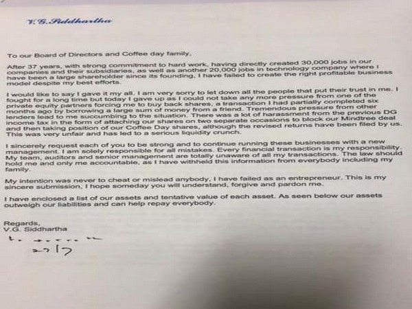 Letter written by CCD founder-owner V G Siddhartha to stakeholders. Photo/ANI