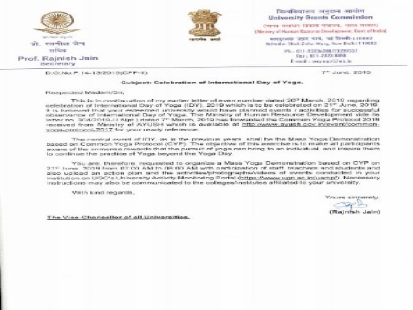 A letter written by UGC to Universities to conduct Yoga on International Day of Yoga 