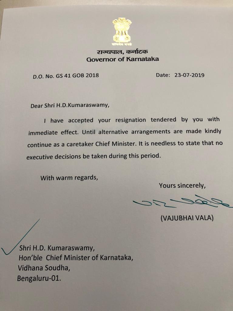 Letter of the Governor to HD Kumaraswamy. (Photo/ANI)