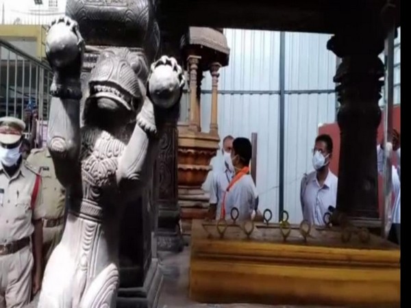 BJP state president Somu Veerraju visited the Kanaka Durga Temple amid reports of three missing silver lion statues from the silver chariot. (Photo/ANI) 
