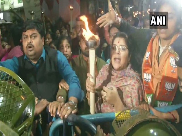 BJP leader Locket Chatterjee at a protest rally in Kolkata, West Bengal on Monday. 