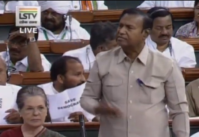 Congress MPs showing Save Democracy slogans in Lok Sabha in New