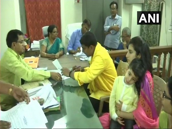 Andhra Pradesh IT minister Nara Lokesh while filing nomination at Mangalagiri MRO office on Friday. Photo: ANI