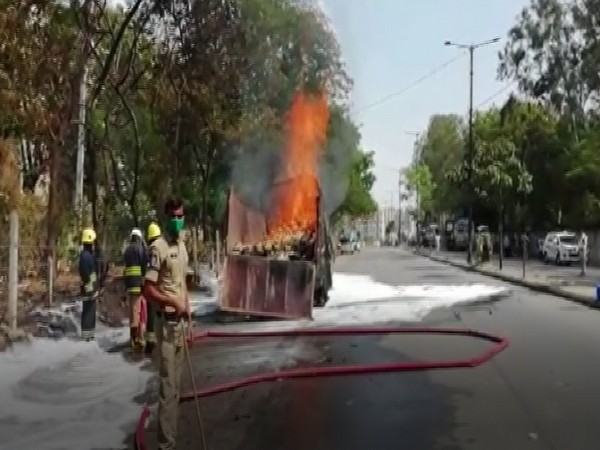The lorry caught the fire near Miyapur bus station in Hyderabad. Photo/ANI