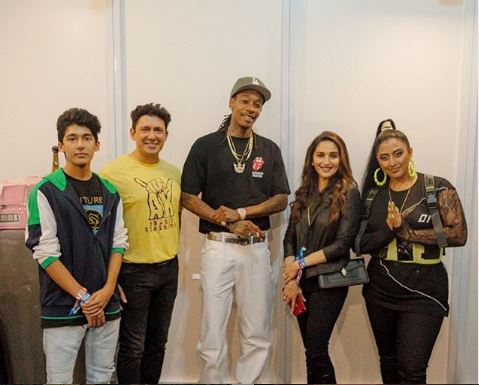 Madhuri Dixit Nene along with husband Dr Shriran Mene posing with rapper Wiz Khalifa and Raja Kumari (Image courtesy: Instagram)