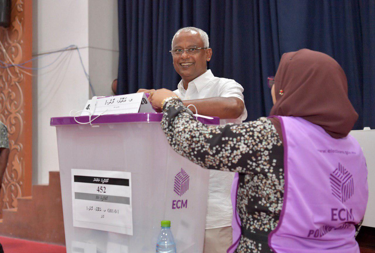 Maldives President Ibrahim Mohamed Solih casting his vote on Saturday for the third Parliamentary polls (Image source: The President's Office, Maldives)