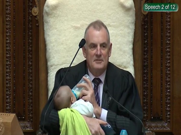 Photos on social media showing New Zealand Speaker Trevor Mallard babysitting lawmaker Tamati Coffey's newborn son in Parliament on Tuesday
