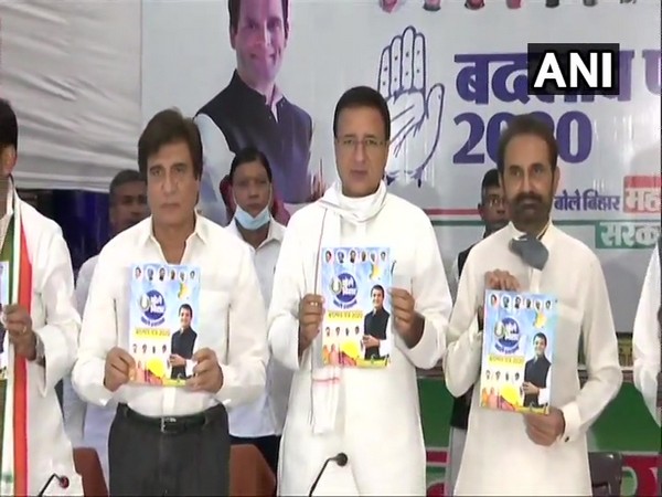 Congress leaders Raj Babbar (Left), Randeep Surjewala (Centre) and Sskati Sinh Gohil presenting party's manifesto for Bihar polls on Wednesday. (Photo/ANI)
