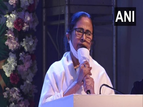 West Bengal Chief Minister Mamata Banerjee speaking at the event on Monday. 