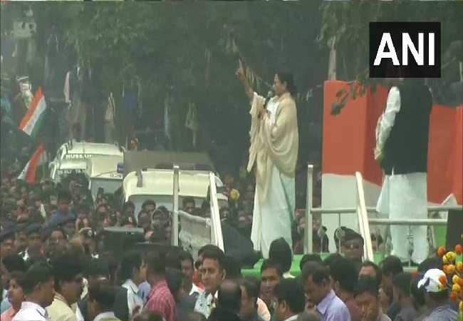 West Bengal Chief Minister Mamata Banerjee speaking at a public rally in Kolkata on Thursday.