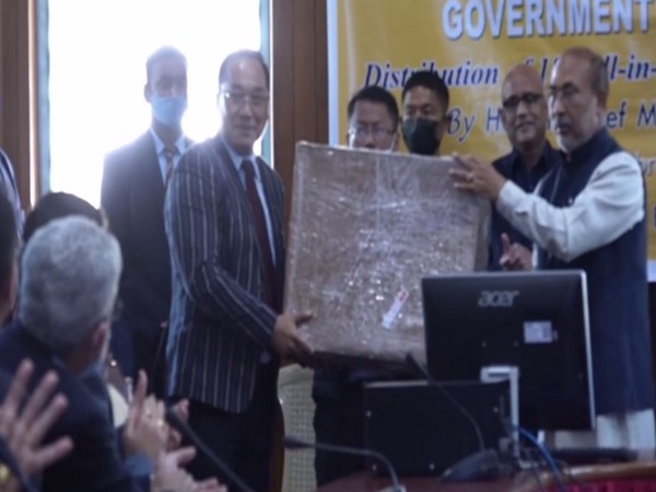 Manipur Chief Minister N Biren Singh distributes 186 desktop computer sets to different departments (Photo/ ANI)