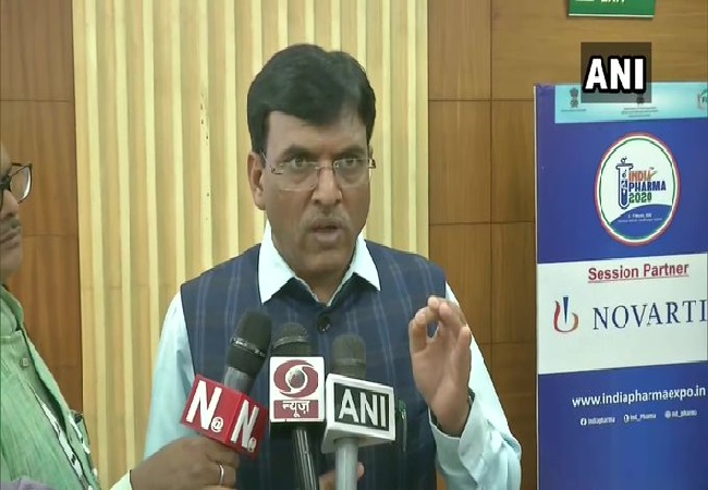 MoS Mansukh Mandaviya speaking to reporters in Gandhinagar. 