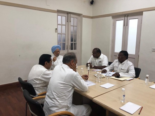 Visuals from the meeting called by former Prime Minister Manmohan Singh on Saturday. (Photo: ANI)