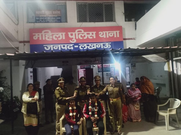 The couple post their marriage at the women police station in Lucknow on Monday. Photo/ANI