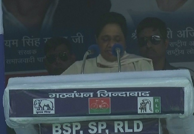 BSP chief Mayawati speaking at an election rally in Aligarh, Uttar Pradesh, on Monday. Photo/ANI