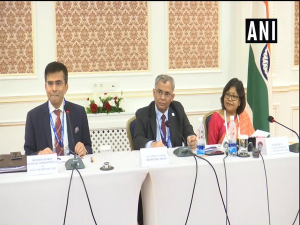 MEA Spokesperson Raveesh Kumar (L), Secretary West Gitesh Sarma (C) and Joint Secretary SCO Madhumita Hazarika Bhagat (R) at an MEA briefing in Bishkek, Kyrgyzstan (Photo/ANI)