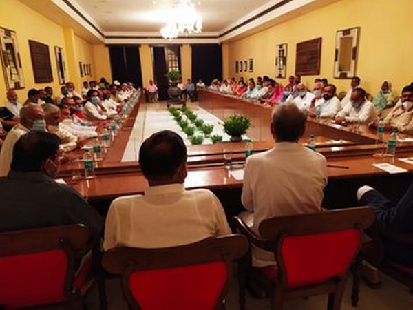Chief Minister Ashok Gehlot chairs CLP meeting in Jaisalmer on Sunday. (Photo/ANI)