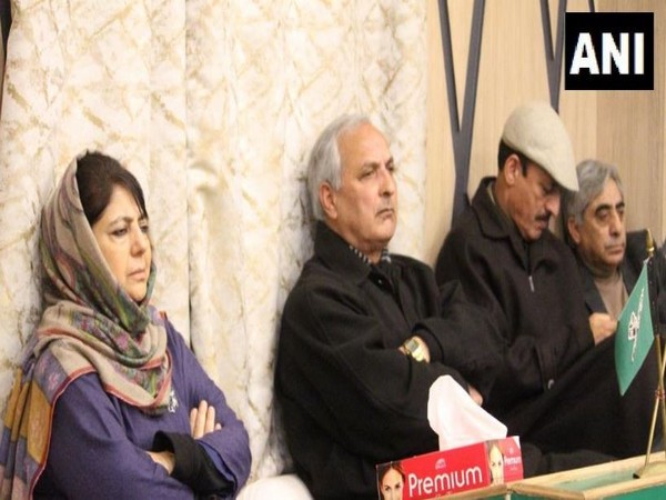 PDP chief Mehbooba Mufti during a meeting with party leaders at her residence in Srinagar on Saturday. (Photo/ANI)