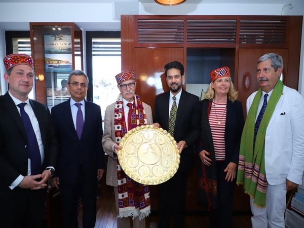 Anurag Thakur gifts Himachali thaal, cap and shawl to Maharaja Ranjit Singh era French Army General's descendants (Photo/PIB)
