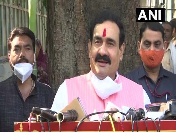MP Home Minister Narottam Mishra addressing a press conference in Bhopal.