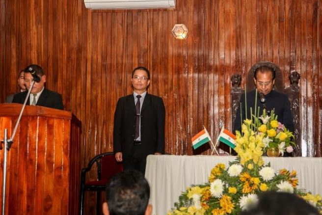 Oath-taking ceremony C. Lalsawta as the first Chairman of the new-constituted Lokayukta office at Durbar Hall in Mizoram on Tuesday. (Photo/ANI)