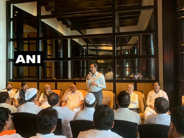 Shiv Sena leader Uddhav Thackeray speaking at a meeting of NCP MLAs in Mumbai on Sunday. Photo/ANI