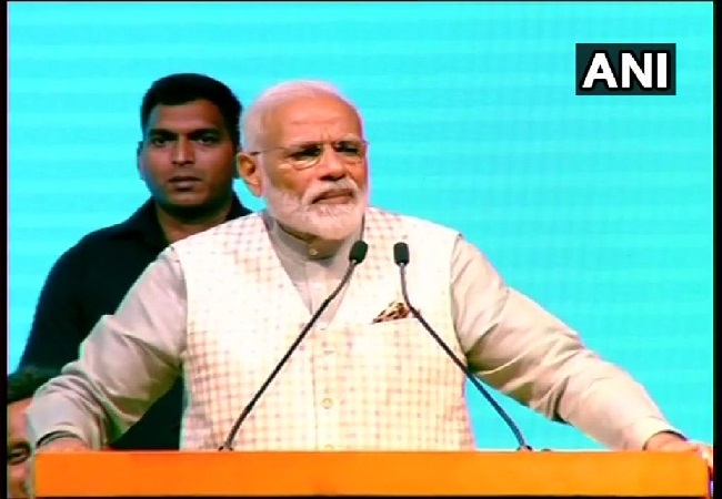 Prime Minister Narendra Modi speaking at a traders convention in New Delhi on Friday Photo/ANI. 