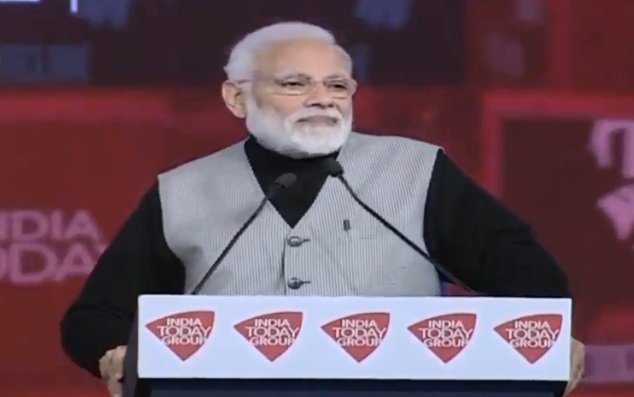 Prime Minister Narendra Modi speaking at the India Today Conclave in New Delhi on Saturday. (Picture courtesy: Twitter/ India Today)
