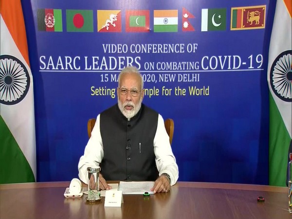 Prime Minister Narendra Modi addressing SAARC leaders via video conference on ways and means to combat COVID-19 in New Delhi on Sunday. Photo/ANI