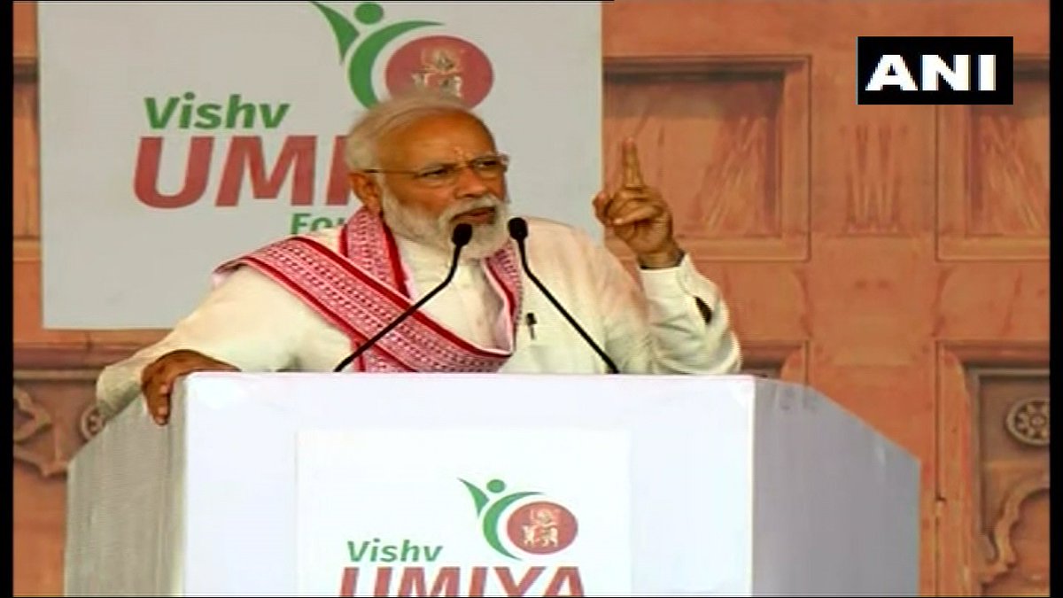 Prime Minister Narendra Modi addressing a gathering at the the Bhumi Pujan of Vishv Umiya Dham in Ahmedabad on Monday.