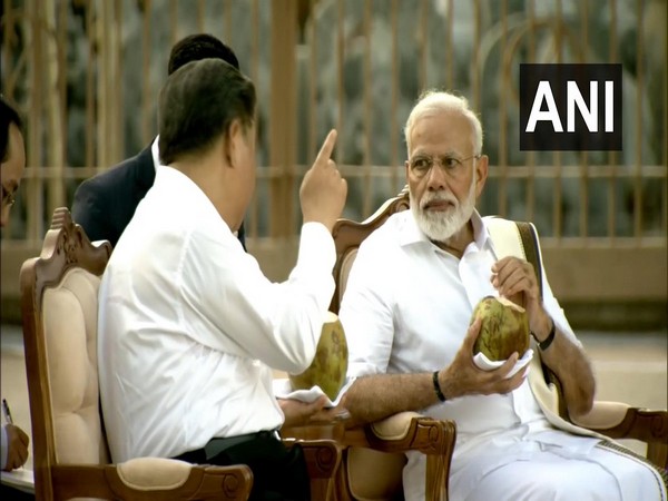 PM Modi and Xi Jinping sipped on fresh coconut water while taking a tour of the magnificent Panch Rathas complex in Mamallapuram on Friday. Photo/ANI