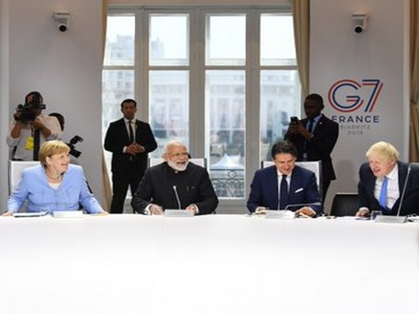 Prime Minister Narendra Modi attending a session on ‘Biodiversity, Oceans, Climate' at G-7 summit on Monday. Photo/ANI